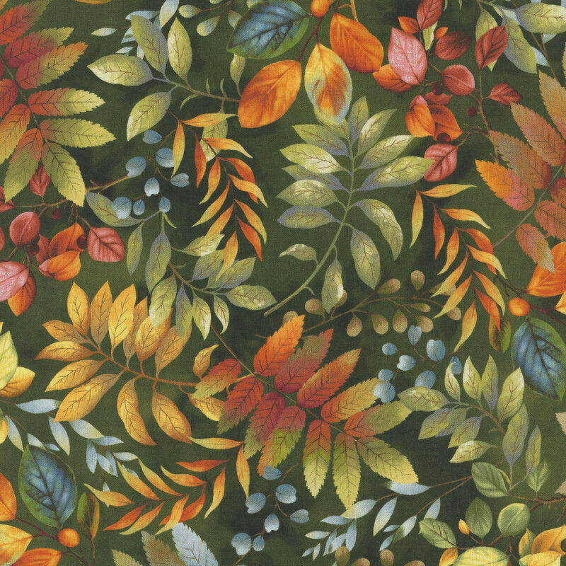 fall leaves beginning to turn from green to orange tossed on a mottled hunter green background