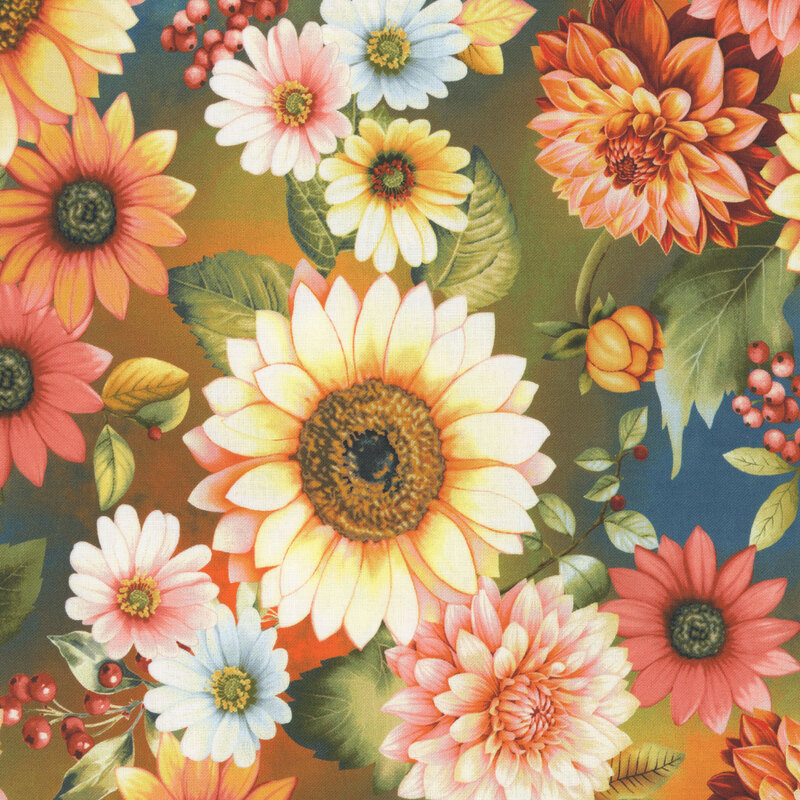 yellow sunflowers, pink dahlias, and white daisies on a mottled teal and orange background