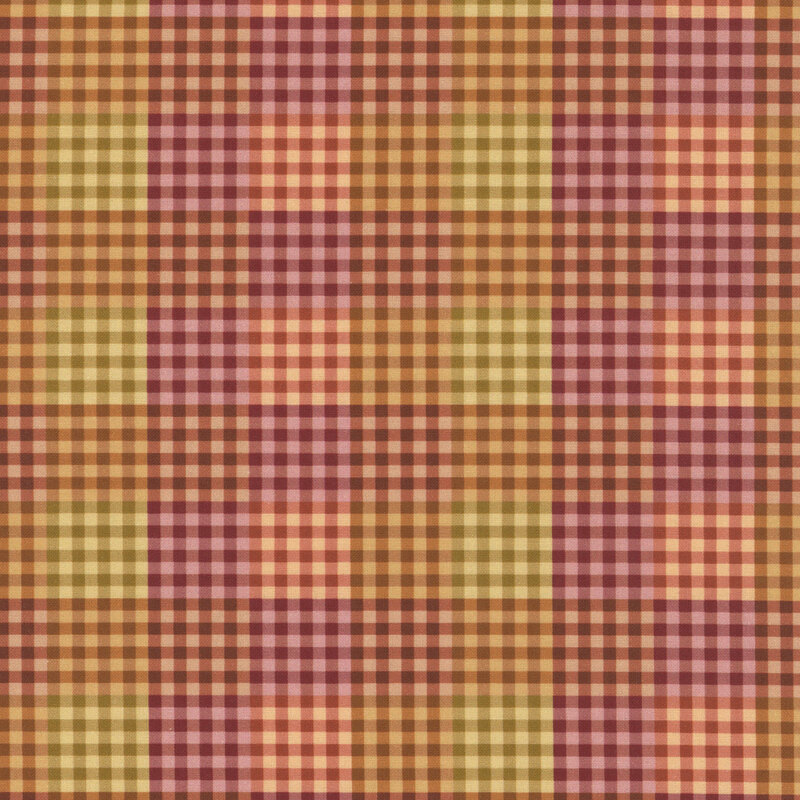 gingham plaid pattern in squares of brown, red, orange, and peach 