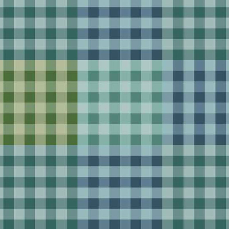 gingham pattern in squares of teal, aqua, green, and blue