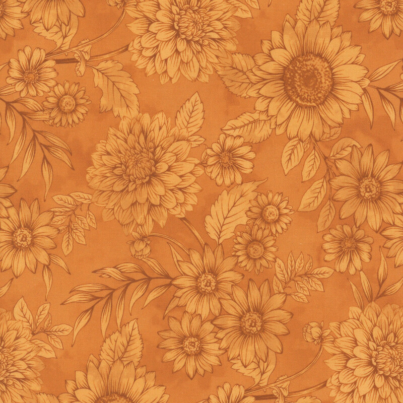 tonal orange fabric features sunflowers, dahlias, and daisies on a mottled background.
