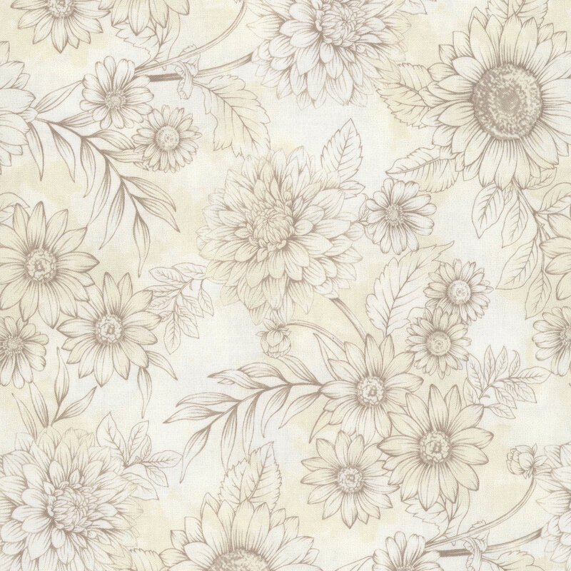 Fabric features sunflowers, dahlias, and daisies on a mottled beige background.