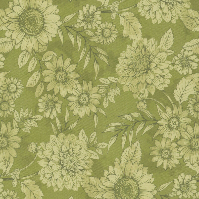 tonal sage green fabric features sunflowers, dahlias, and daisies on a mottled background.