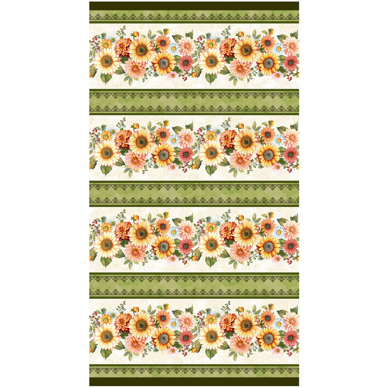 Border stripe fabric featuring alternating rows of fall flower garlands on a mottled cream background and ornamental designs on a mottled green background