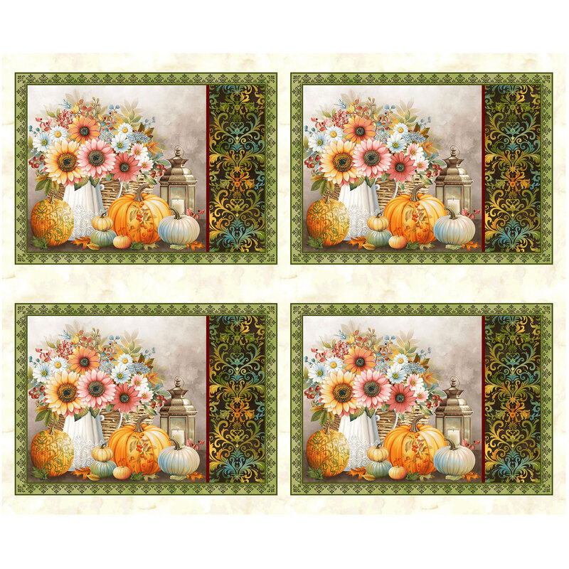 Placemats panel on mottled cream fabric featuring a fall harvest harvest scene.