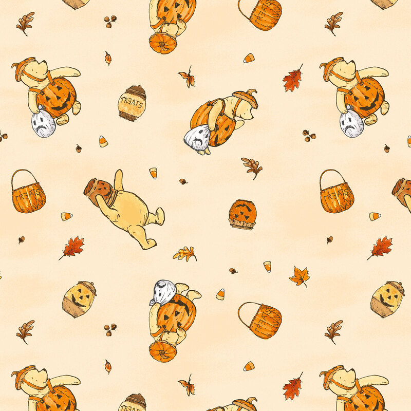 A buff background with a tossed pattern of Pooh in jack-o-lantern costume, trick or treat bags, tiny orange leaves, and candy corn 