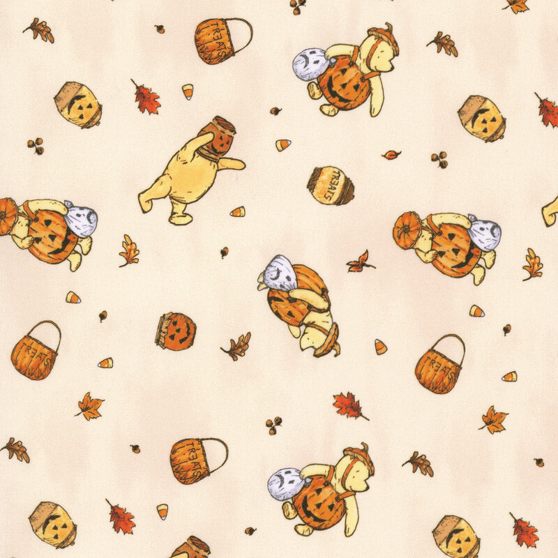 A buff background with a tossed pattern of Pooh in jack-o-lantern costume, trick or treat bags, tiny orange leaves, and candy corn 
