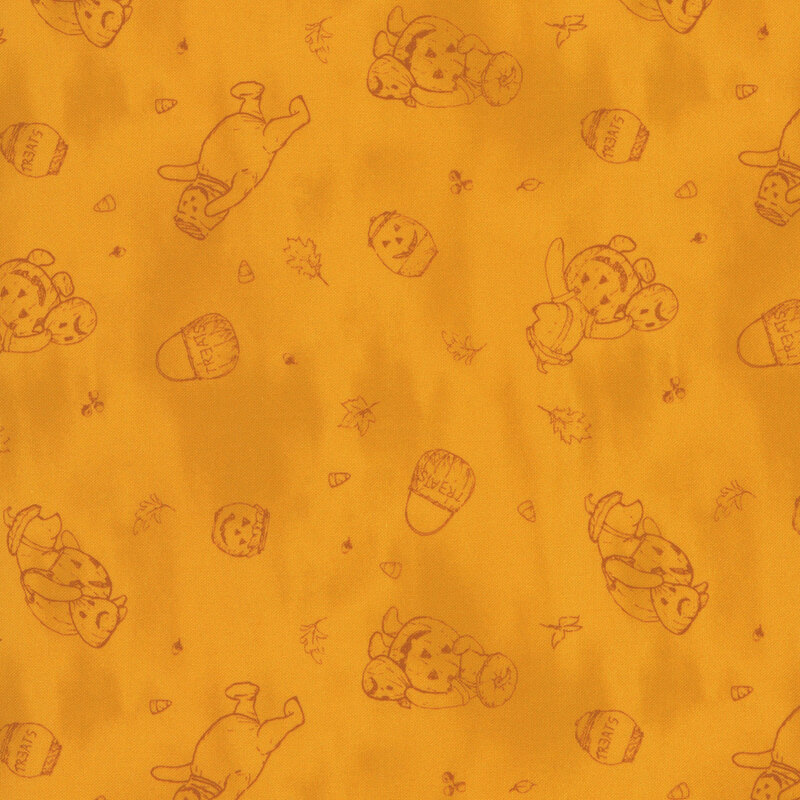 A mottled orange fabric with a tonal orange pattern of Pooh in jack-o-lantern costume, trick or treat bags, tiny orange leaves, and candy corn 