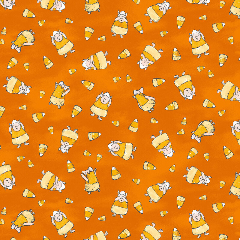A mottled orange background with a tossed pattern of Piglet in a candy corn costume and little candy corns 