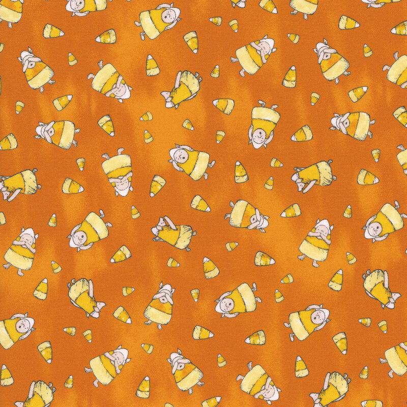 A mottled orange background with a tossed pattern of Piglet in a candy corn costume and little candy corns 