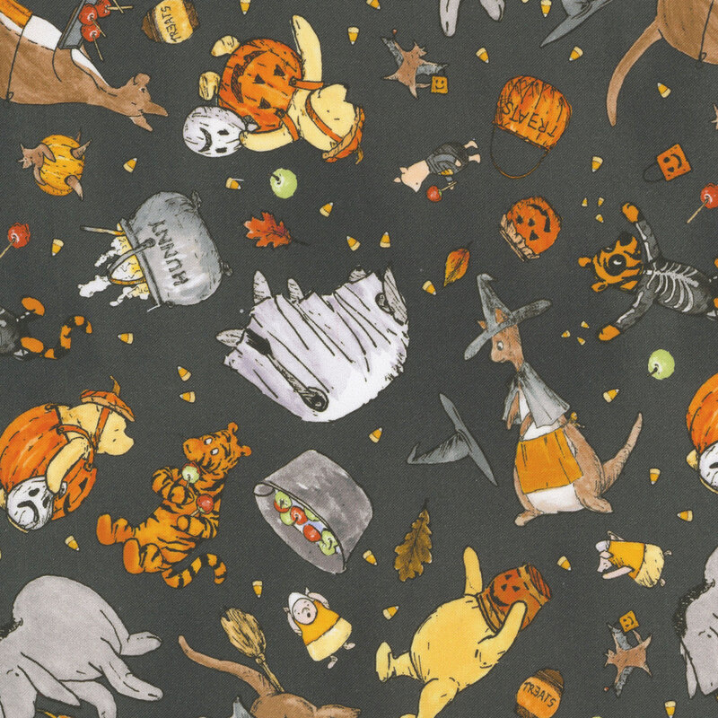 A mottled charcoal grey background with a pattern of Pooh and friends in colorful orange Halloween costumes and small candy corn and other Halloween motifs