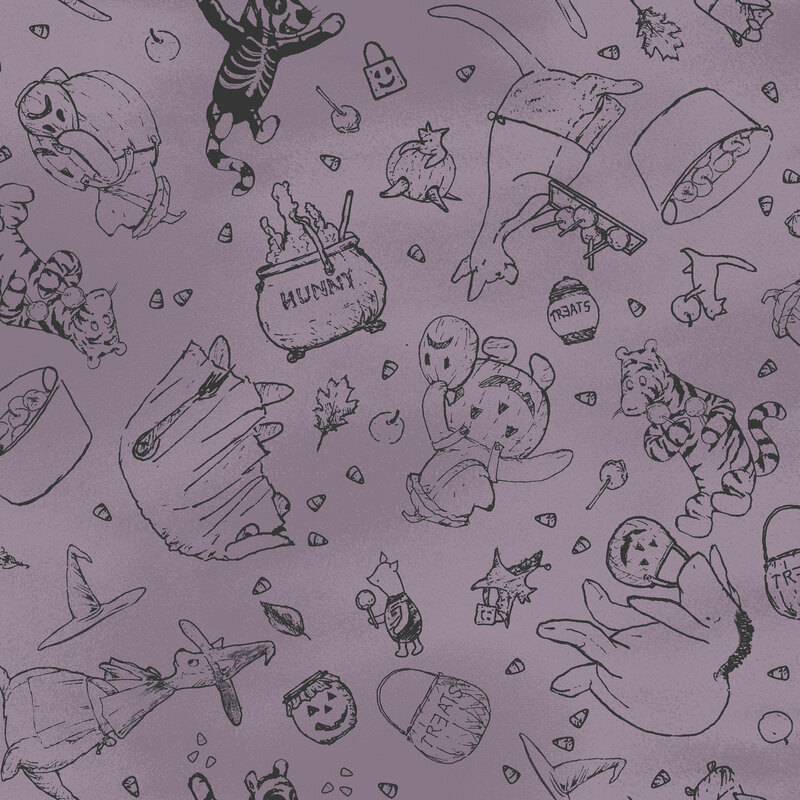 A mottled lilac purple background with a dark grey line work pattern of Pooh and friends in Halloween costumes and small candy corn and other Halloween motifs