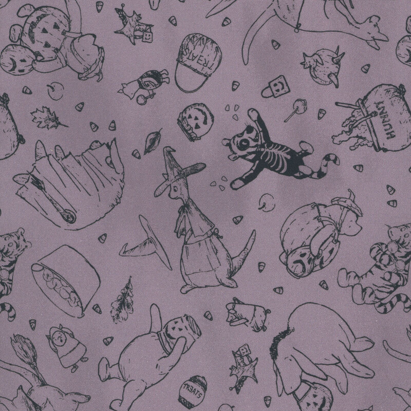 A mottled lilac purple background with a dark grey line work pattern of Pooh and friends in Halloween costumes and small candy corn and other Halloween motifs