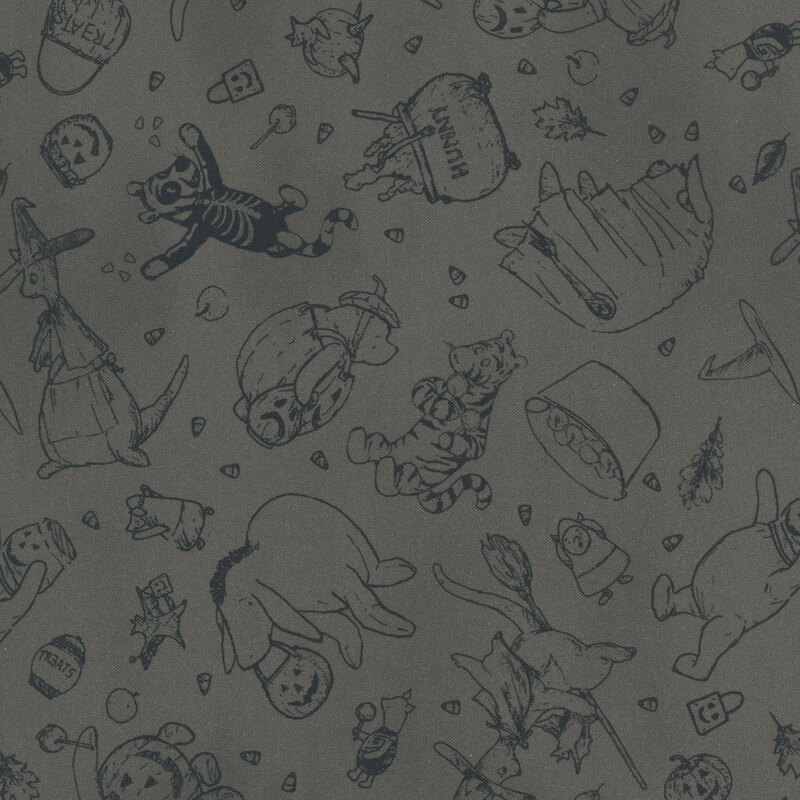 A mottled charcoal grey background with a dark grey line work pattern of Pooh and friends in Halloween costumes and small candy corn and other Halloween motifs