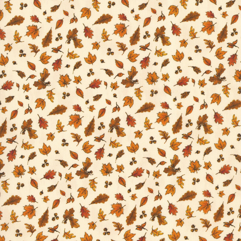 Buff background with falling orange oak and maple leaves with little acorns