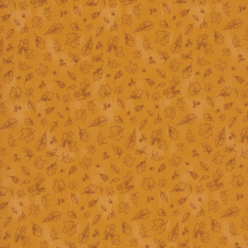 Mottled orange fabric with tonal falling oak and maple leaves with little acorns