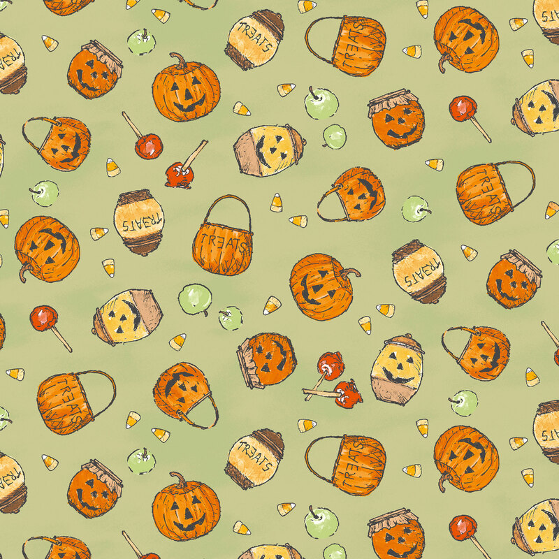 A light apple green background with a tossed pattern of jack-o-lanterns, trick or treat bags, green and candy apples, honey, and candy corn