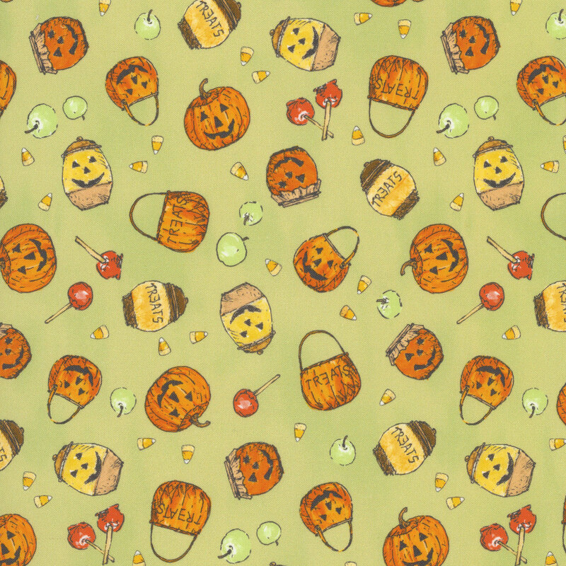 A light apple green background with a tossed pattern of jack-o-lanterns, trick or treat bags, green and candy apples, honey, and candy corn