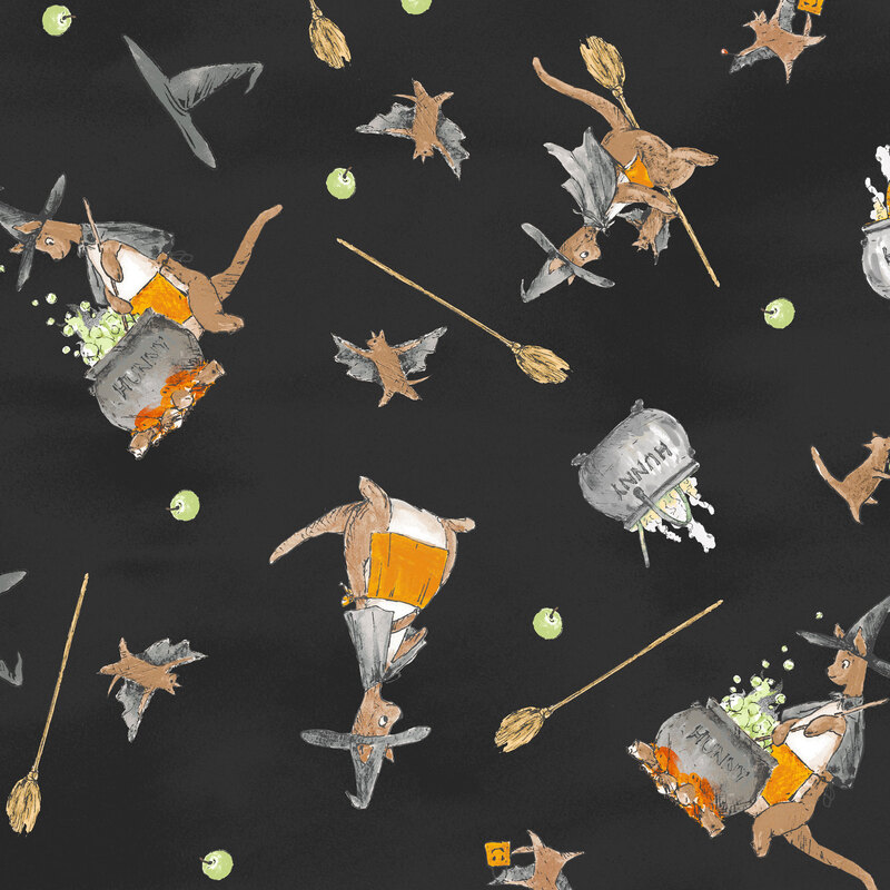 A mottled black background featuring Kanga and Roo in witch and bat costumes, witches' brooms, and couldrons.