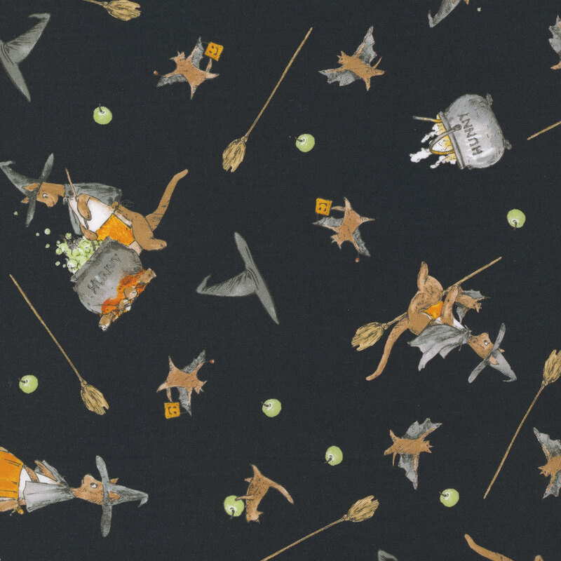A mottled black background featuring Kanga and Roo in witch and bat costumes, witches' brooms, and couldrons.