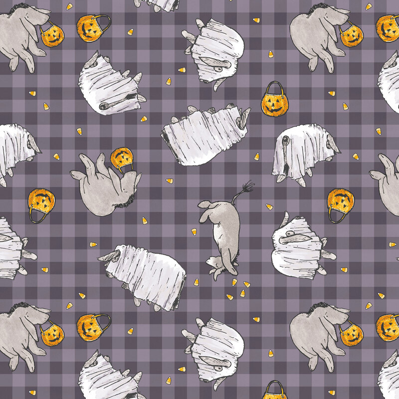 A gray and purple gingham background and Eeyore in a ghost costume with jack-o-lantern trick or treat bags