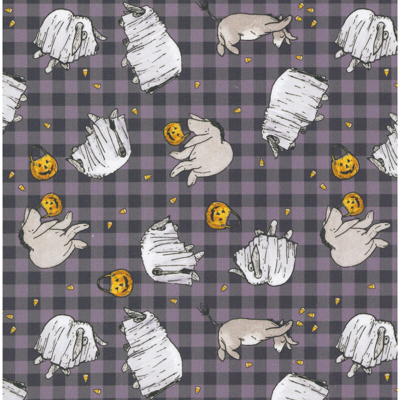 A gray and purple gingham background and Eeyore in a ghost costume with jack-o-lantern trick or treat bags