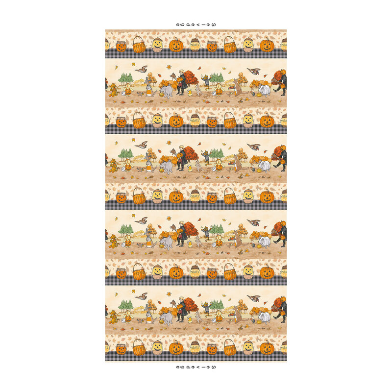 Tan border stripe fabric with purple gingham, jack-o-lanterns, and Pooh and friends