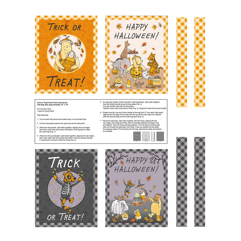 An activity panel with two trick or treat bags, one in orange and the other in charcoal, and pattern instructions 
