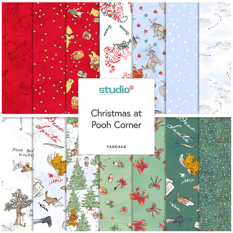 A collage of fabrics included in the Christmas at Pooh Corner collection featuring red, blue, white, and green fabrics with a Christmas theme.