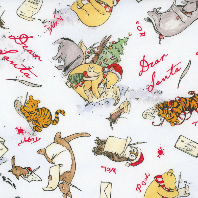 Winter white fabric featuring Winnie the Pooh, Christopher Robin, Piglet, Tigger, and others writing letters to Santa.