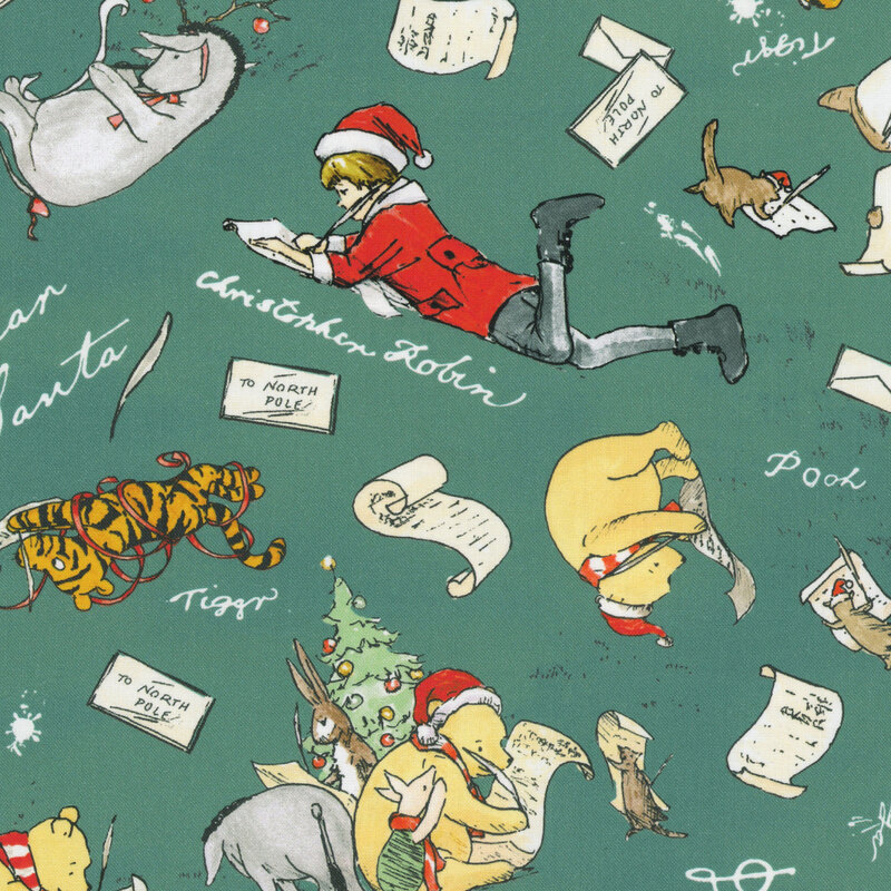 Dark green fabric featuring Winnie the Pooh,  Christopher Robin, Piglet, Tigger, and others writing letters to Santa.