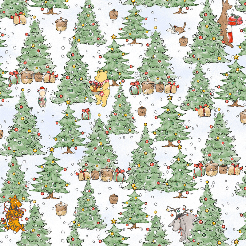 snow white fabric featuring Pooh, Piglet, Tigger, Eeyore, Kanga and Roo among decorated trees and wrapped presents with the snow falling around them.