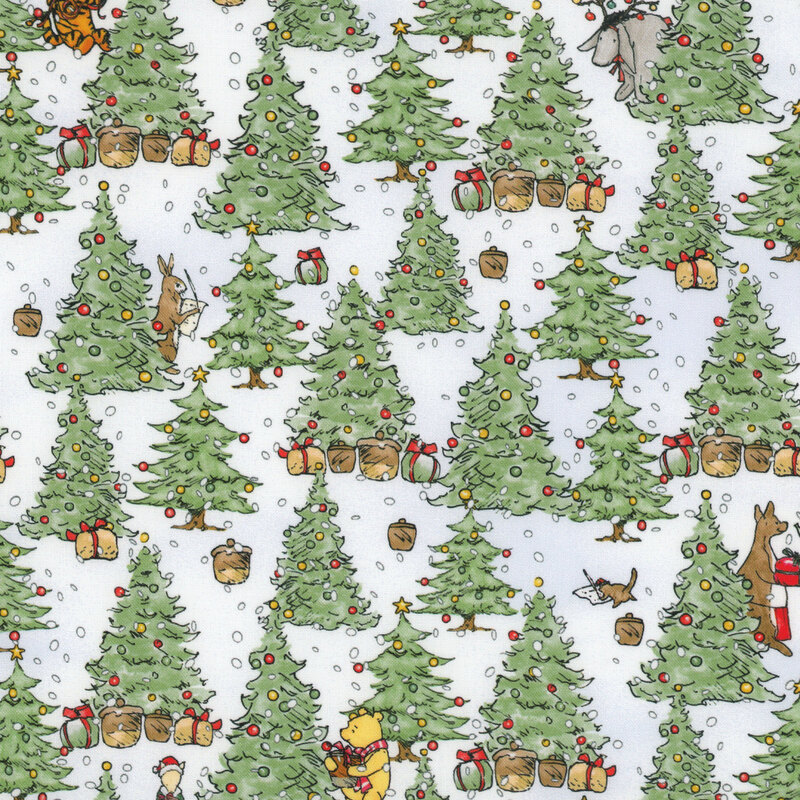 snow white fabric featuring Pooh, Piglet, Tigger, Eeyore, Kanga and Roo among decorated trees and wrapped presents with the snow falling around them.