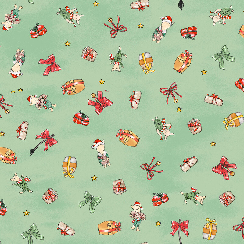 mottled pastel green fabric featuring Piglet tossed with wrapped presents, ribbons, and stars