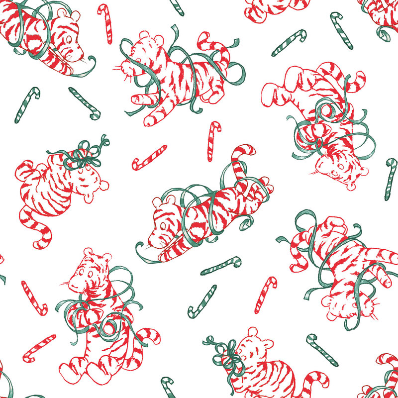 white fabric featuring Tigger in red outline playing with green ribbons tossed with red and green striped candy canes.