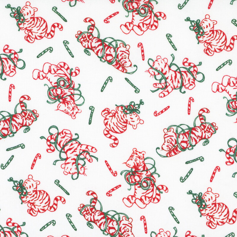 white fabric featuring Tigger in red outline playing with green ribbons tossed with red and green striped candy canes.