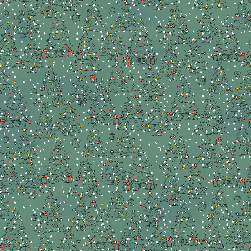 Evergreen fabric featuring decorated trees topped with stars and surrounded by presents with a foreground of falling snow