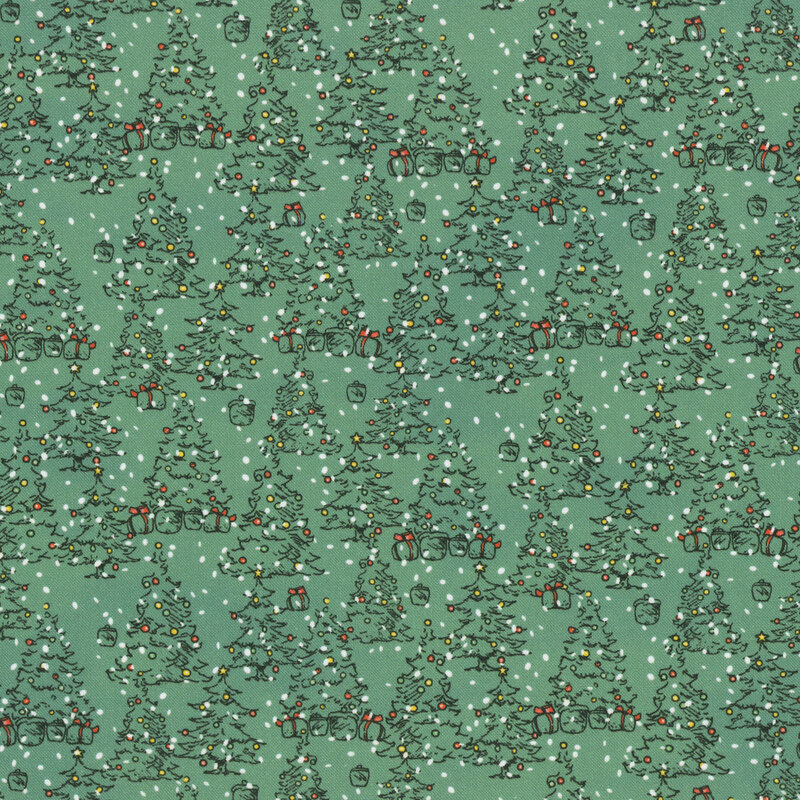 Evergreen fabric featuring decorated trees topped with stars and surrounded by presents with a foreground of falling snow