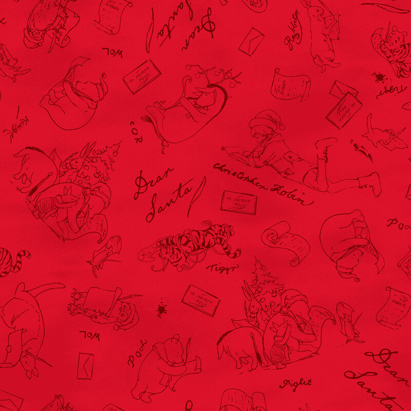 Bright red fabric featuring stylized black outlines of Winnie the Pooh, Christopher Robin, Piglet, Tigger, and others writing letters to Santa.