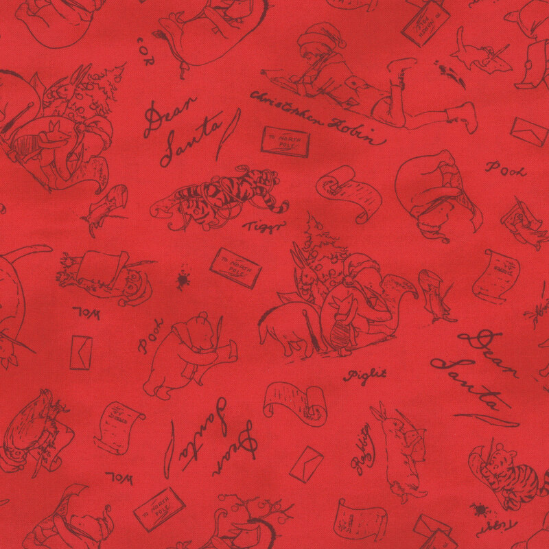 Bright red fabric featuring stylized black outlines of Winnie the Pooh, Christopher Robin, Piglet, Tigger, and others writing letters to Santa.