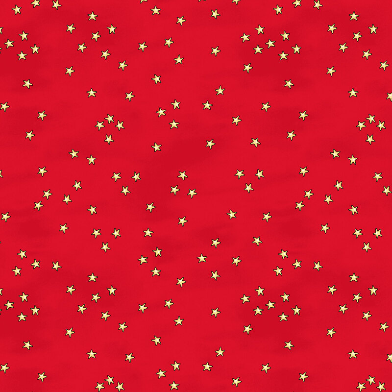 mottled bright red fabric scattered with yellow stars
