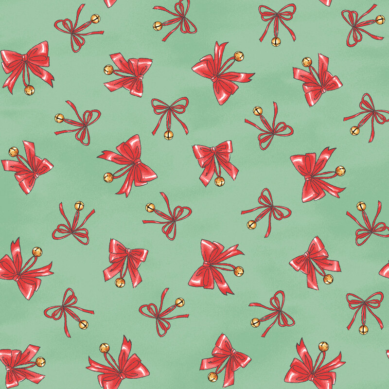 mottled pastel green fabric featuring bright red ribbons tied with bells