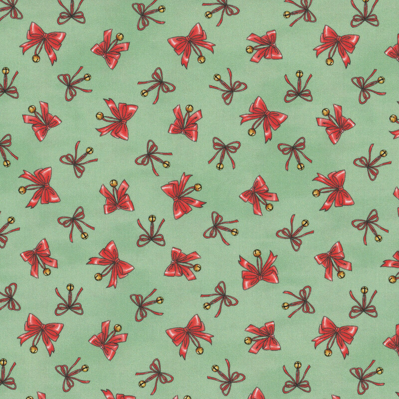 mottled pastel green fabric featuring bright red ribbons tied with bells