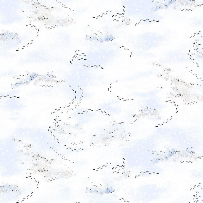 mottled white fabric with footprints tracked in the snow 