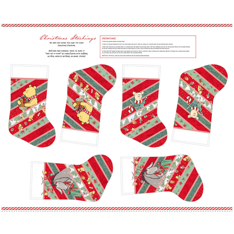 Christmas stockings project panel featuring Winnie the Pooh, Piglet, and Eeyore on red and green striped stockings.