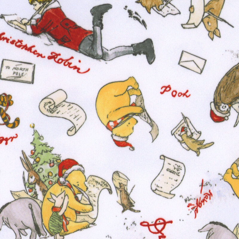 Minky winter white fabric featuring Winnie the Pooh, Christopher Robin, Piglet, Tigger, and others writing letters to Santa.