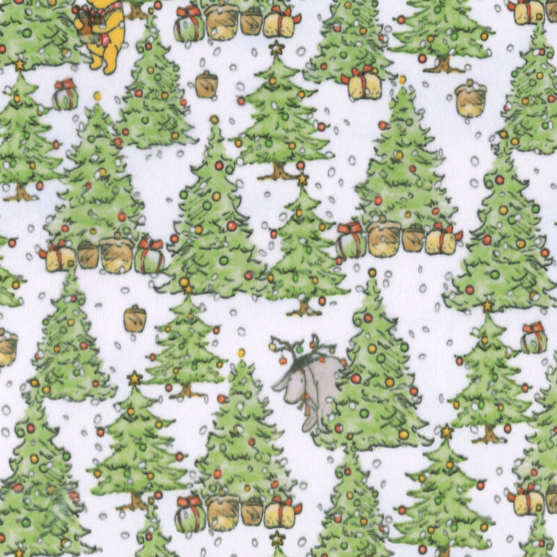 Minky snow white fabric featuring Pooh, Piglet, Tigger, Eeyore, Kanga and Roo among decorated trees and wrapped presents with the snow falling around them.