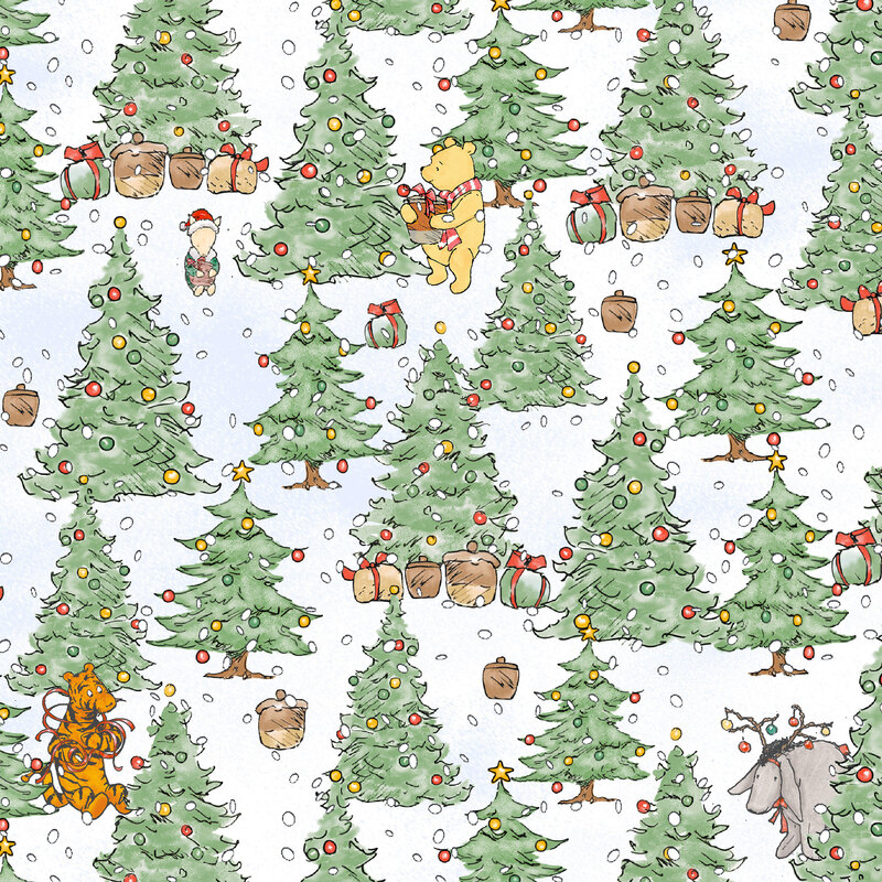 Minky snow white fabric featuring Pooh, Piglet, Tigger, Eeyore, Kanga and Roo among decorated trees and wrapped presents with the snow falling around them.