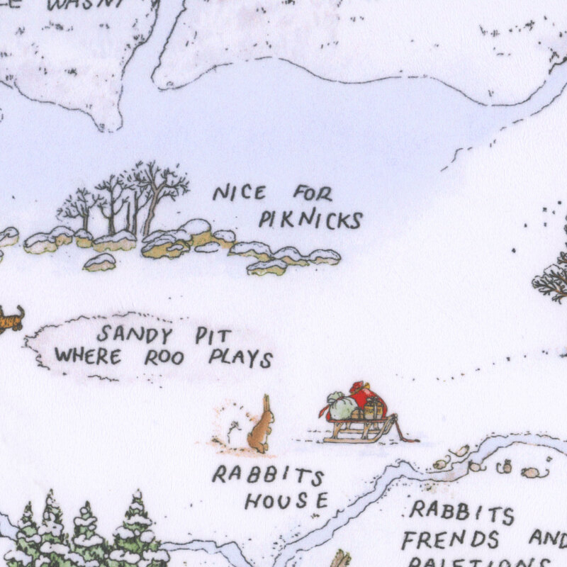 Minky snow white fabric featuring a map of the Hundred Acre Woods.