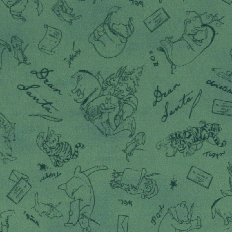 Minky evergreen fabric featuring stylized black outlines of Winnie the Pooh, Christopher Robin, Piglet, Tigger, and others writing letters to Santa.